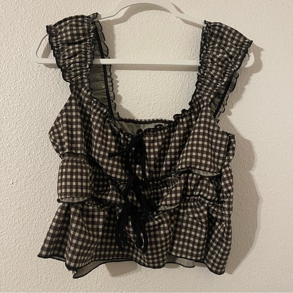 Cider Tops - Cider Brown and White Womens Checkered Gingham Ruffle Blouse XL